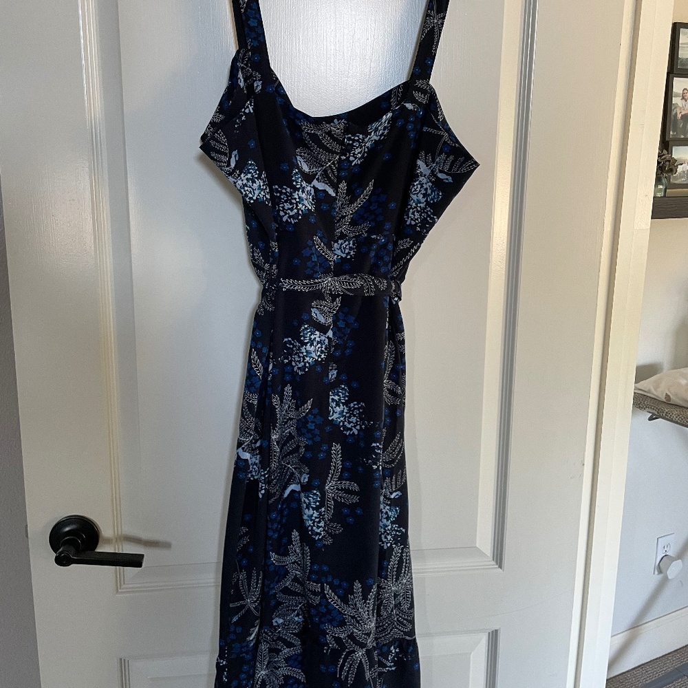 Navy blue dress with cobalt blue, light blue and white flowers